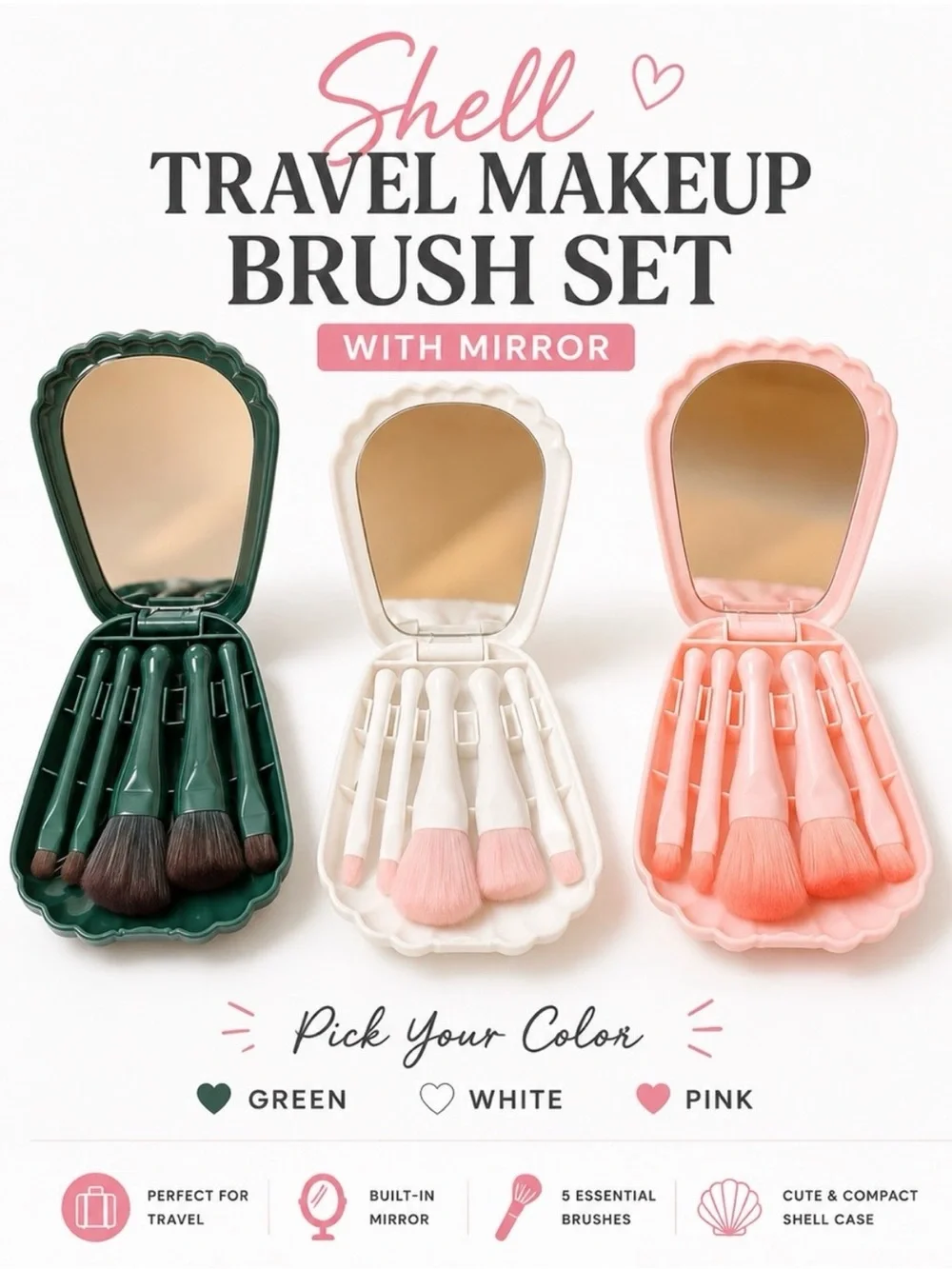 Shell Travel Makeup Brush Set with Mirror - Pink, White, Green